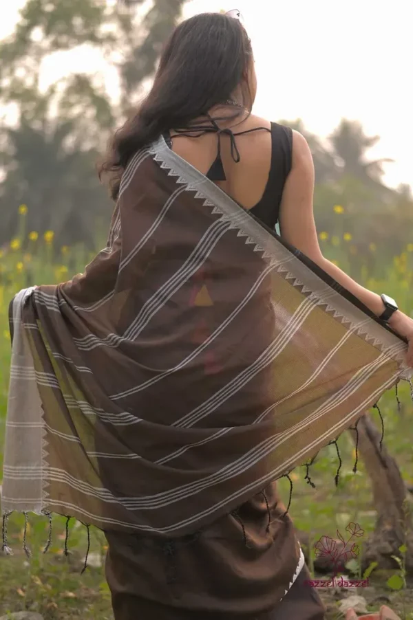 Chocolate with Silver Zari border Linen Khadi Saree