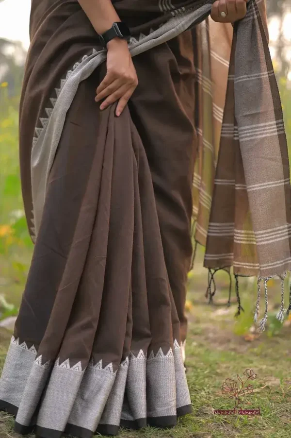 Chocolate with Silver Zari border Linen Khadi Saree