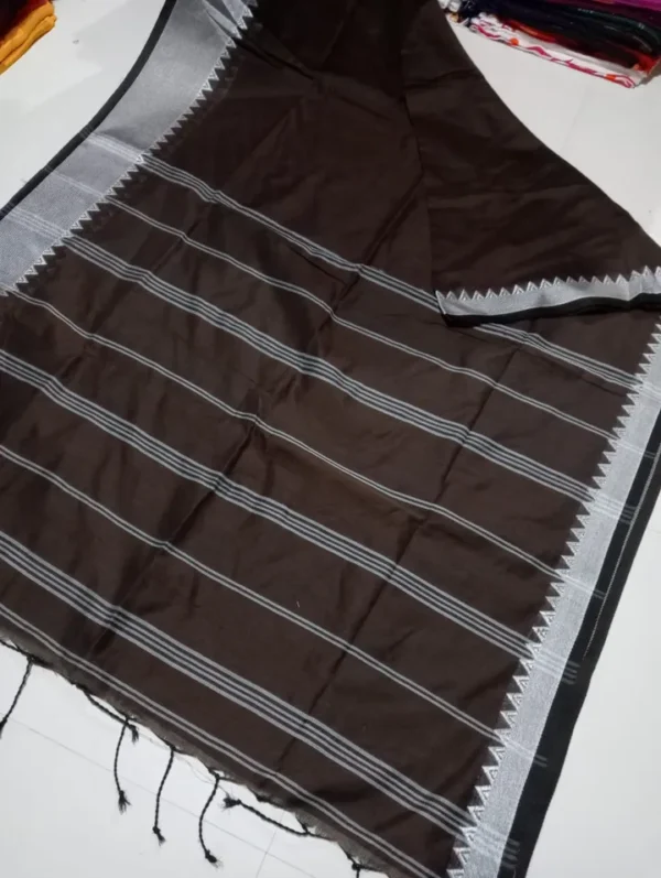 Chocolate with Silver Zari border Linen Khadi Saree
