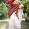 White Hakoba and Rust Patch Border Fusion work Pure Cotton saree