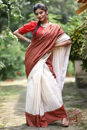 White Hakoba and Rust Patch Border Fusion work Pure Cotton saree