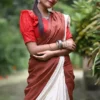 White Hakoba and Rust Patch Border Fusion work Pure Cotton saree