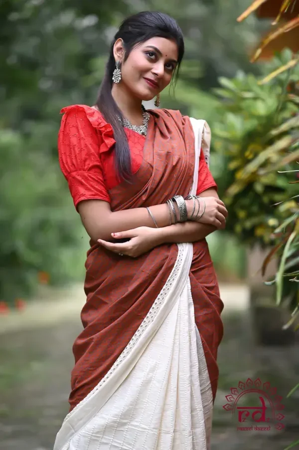 White Hakoba and Rust Patch Border Fusion work Pure Cotton saree
