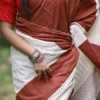 White Hakoba and Rust Patch Border Fusion work Pure Cotton saree