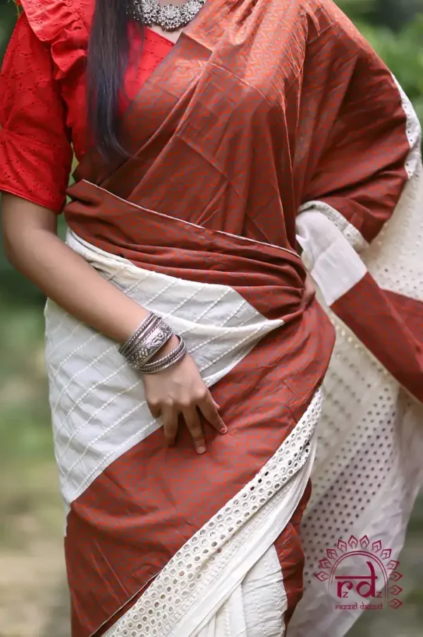White Hakoba and Rust Patch Border Fusion work Pure Cotton saree