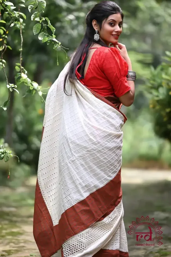White Hakoba and Rust Patch Border Fusion work Pure Cotton saree