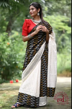 White Hakoba and Black Ikkat style Fusion Pure Cotton saree