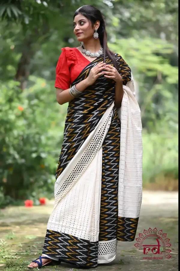 White Hakoba and Black Ikkat style Fusion Pure Cotton saree