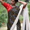 White Hakoba and Black Ikkat style Fusion Pure Cotton saree