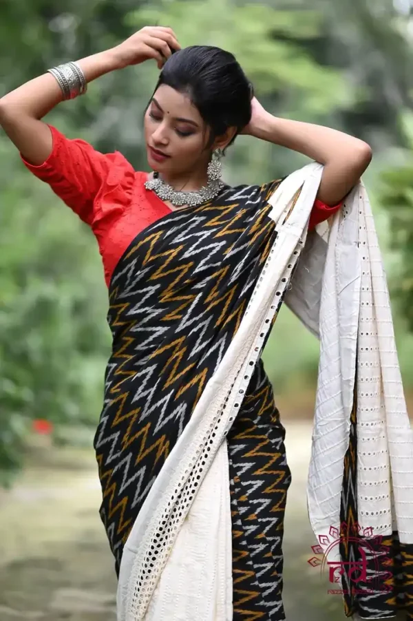 White Hakoba and Black Ikkat style Fusion Pure Cotton saree