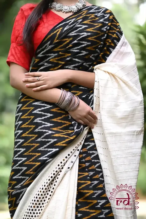 White Hakoba and Black Ikkat style Fusion Pure Cotton saree