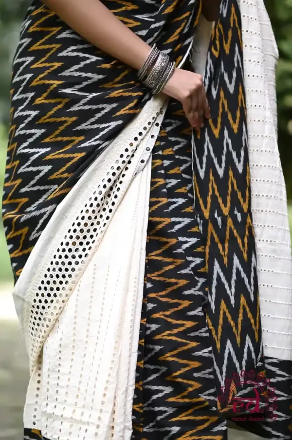 White Hakoba and Black Ikkat style Fusion Pure Cotton saree