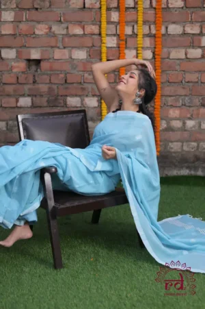 Sky Blue Resham Border Pure Linen Khadi Saree