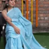 Sky Blue Resham Border Pure Linen Khadi Saree