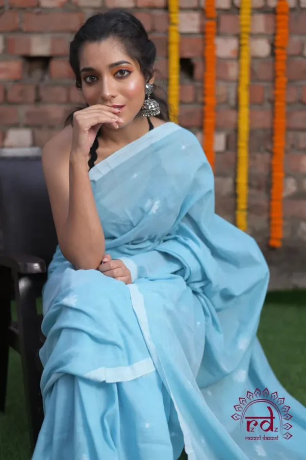 Sky Blue Resham Border Pure Linen Khadi Saree