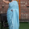 Sky Blue Resham Border Pure Linen Khadi Saree