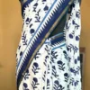 WHITE INDIGO HAND BLOCK PRINTED BAGRU COTTON SAREE