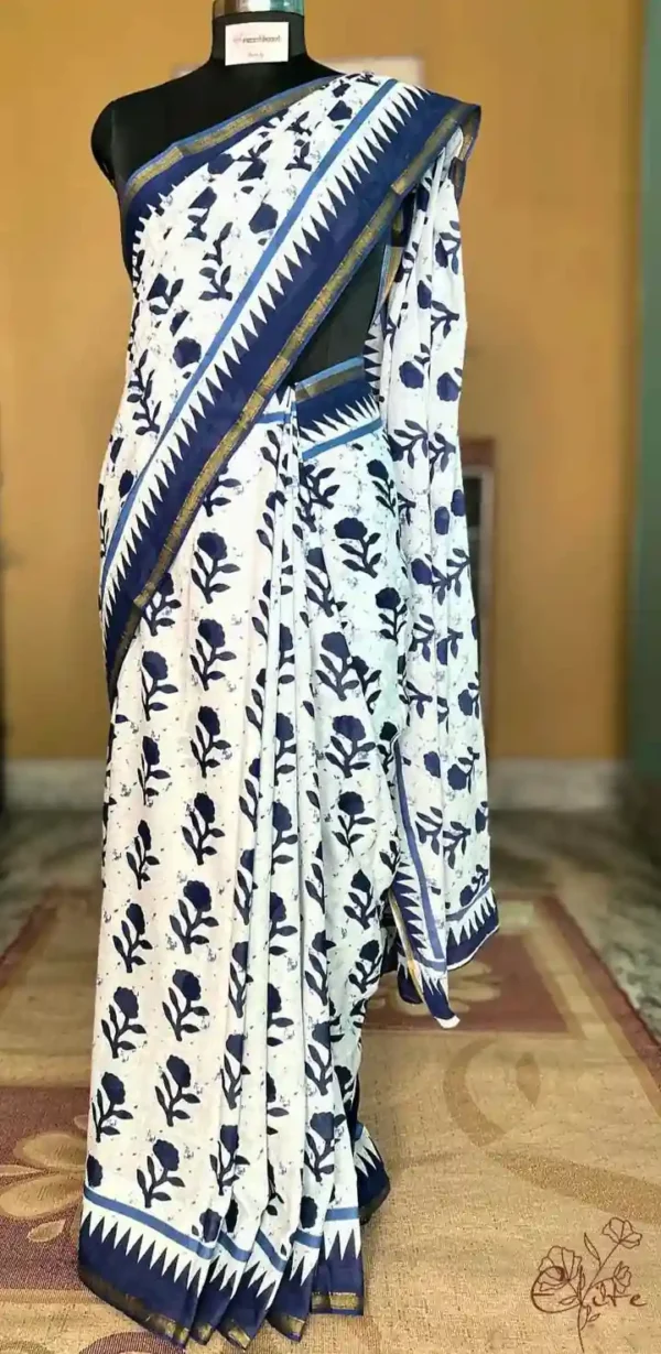 WHITE INDIGO HAND BLOCK PRINTED BAGRU COTTON SAREE