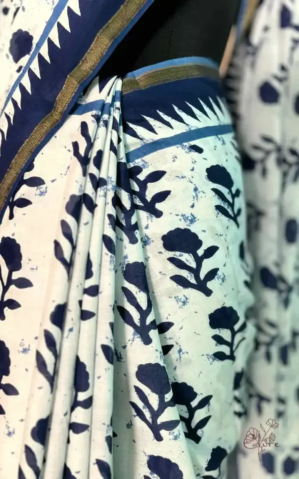 WHITE INDIGO HAND BLOCK PRINTED BAGRU COTTON SAREE