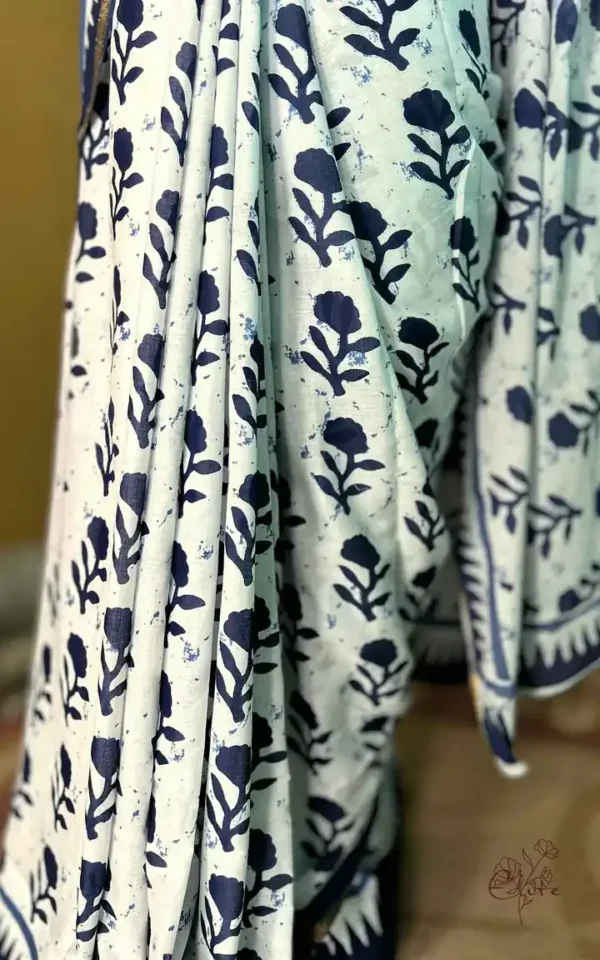WHITE INDIGO HAND BLOCK PRINTED BAGRU COTTON SAREE