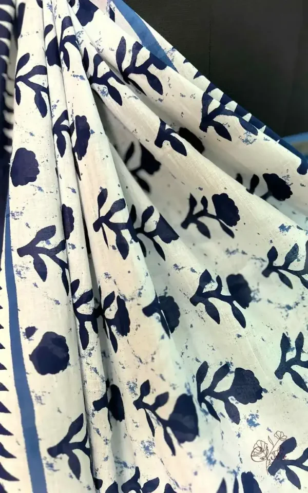 WHITE INDIGO HAND BLOCK PRINTED BAGRU COTTON SAREE