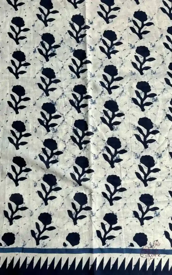 WHITE INDIGO HAND BLOCK PRINTED BAGRU COTTON SAREE