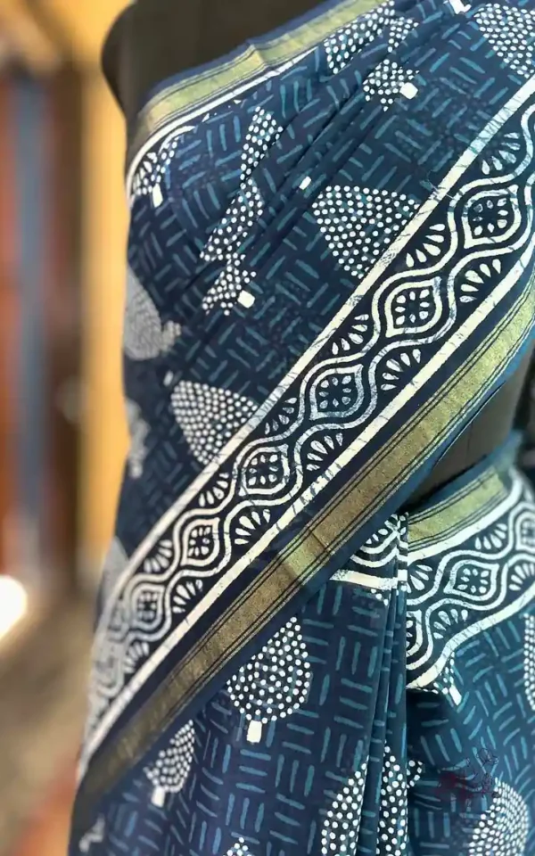 Navy Blue Indigo Hand Block Printed Zari Border Bagru Cotton Saree