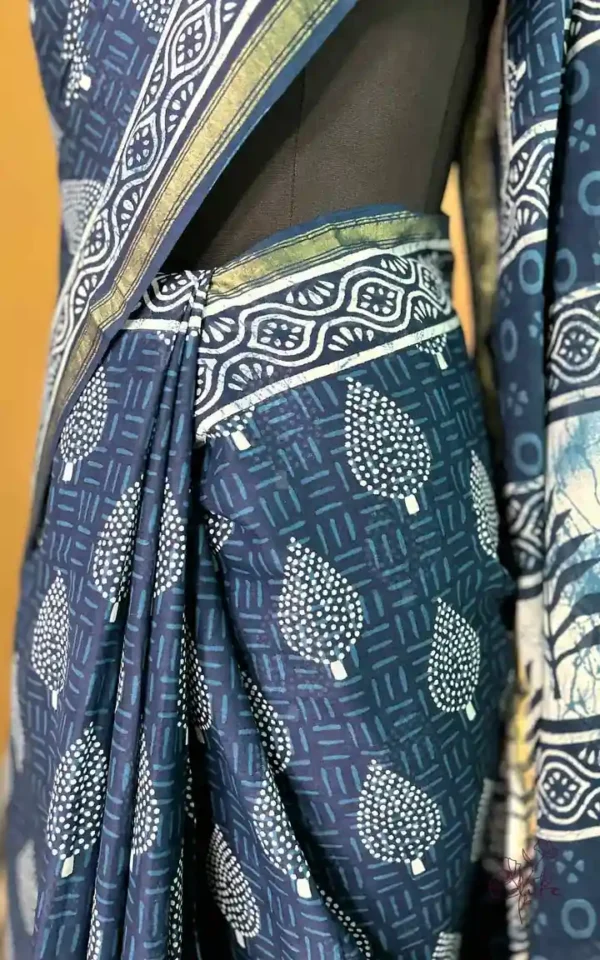 Navy Blue Indigo Hand Block Printed Zari Border Bagru Cotton Saree