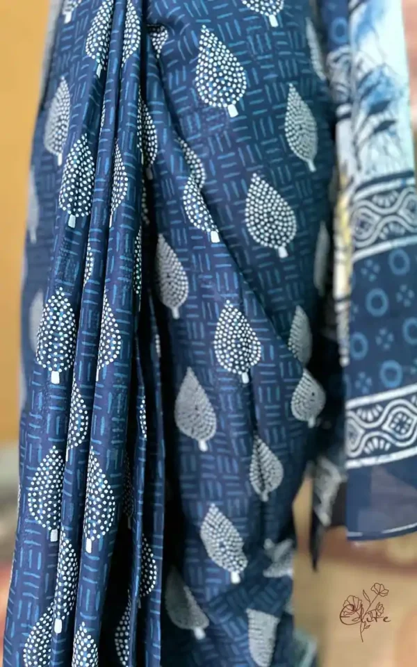 Navy Blue Indigo Hand Block Printed Zari Border Bagru Cotton Saree