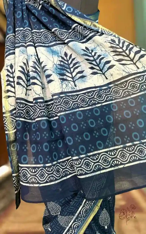 Navy Blue Indigo Hand Block Printed Zari Border Bagru Cotton Saree