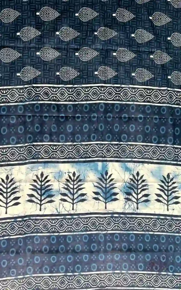 Navy Blue Indigo Hand Block Printed Zari Border Bagru Cotton Saree