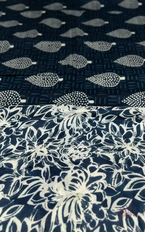 Navy Blue Indigo Hand Block Printed Zari Border Bagru Cotton Saree