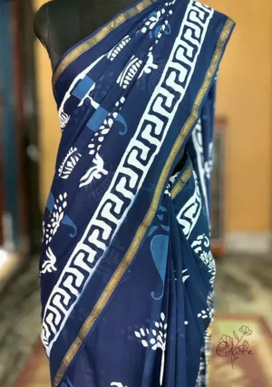 Navy Blue Indigo Hand Block Printed Zari Border Bagru Cotton Saree