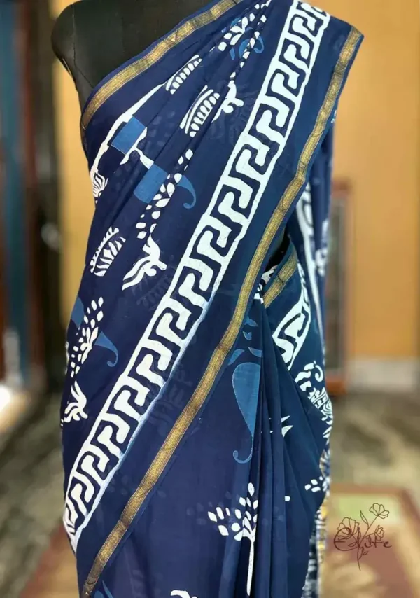 Navy Blue Indigo Hand Block Printed Zari Border Bagru Cotton Saree