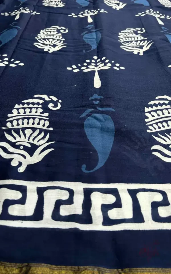 Navy Blue Indigo Hand Block Printed Zari Border Bagru Cotton Saree