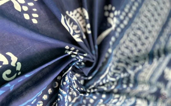 Navy Blue Indigo Hand Block Printed Zari Border Bagru Cotton Saree