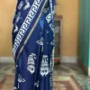 Navy Blue Indigo Hand Block Printed Zari Border Bagru Cotton Saree