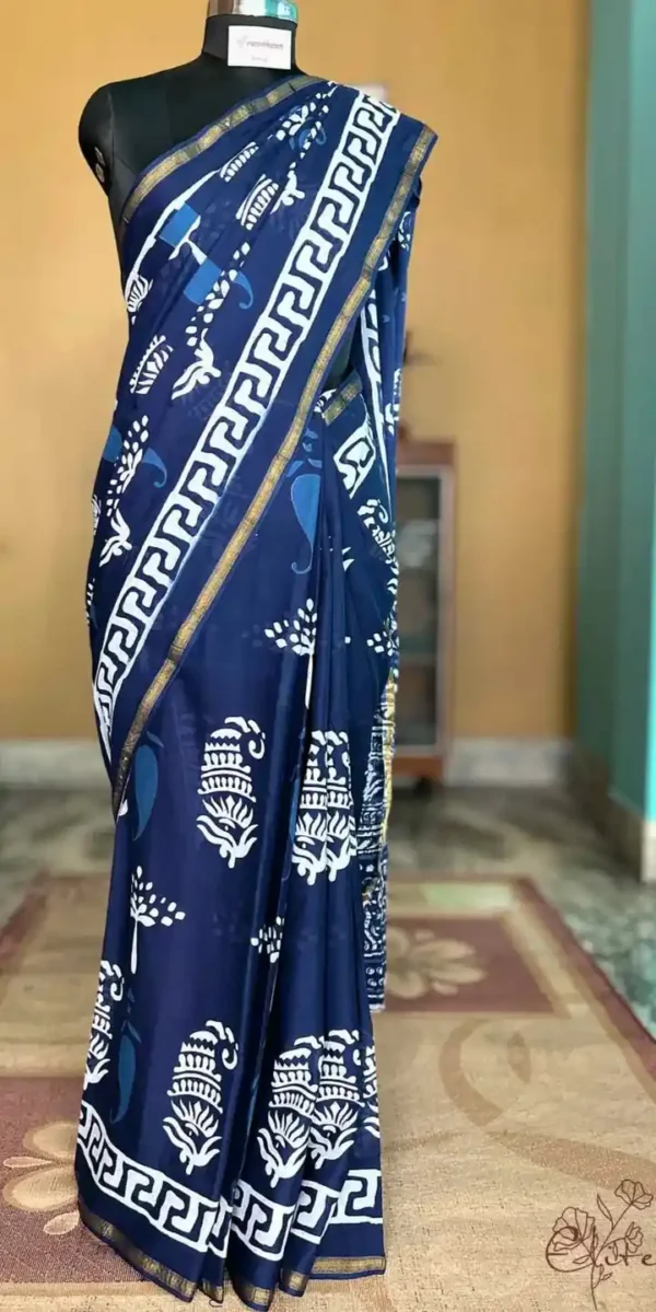 Navy Blue Indigo Hand Block Printed Zari Border Bagru Cotton Saree