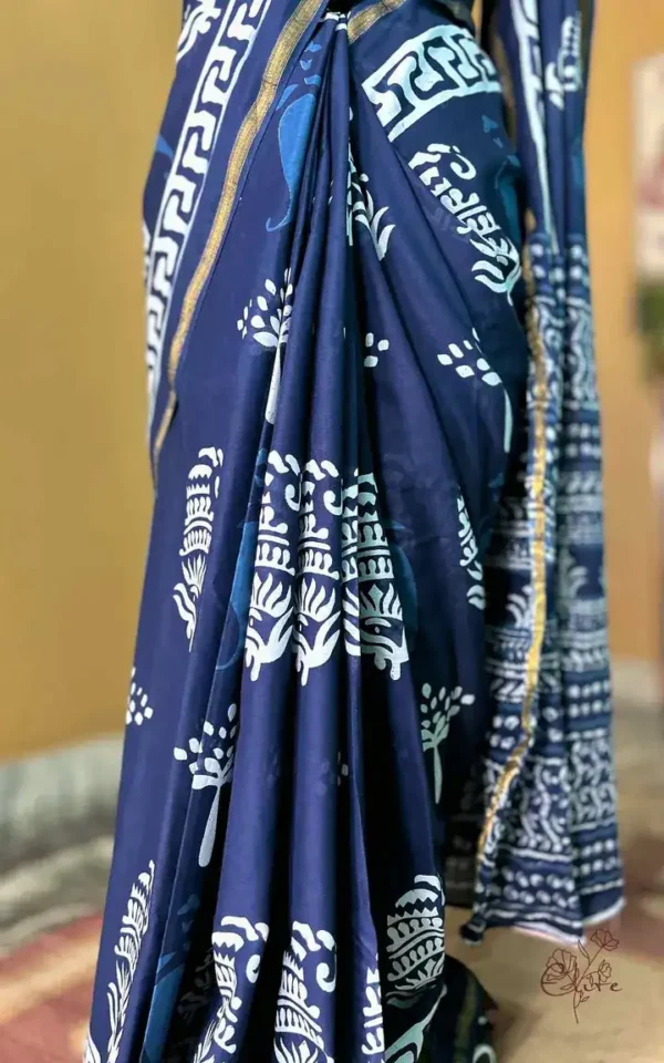 Navy Blue Indigo Hand Block Printed Zari Border Bagru Cotton Saree