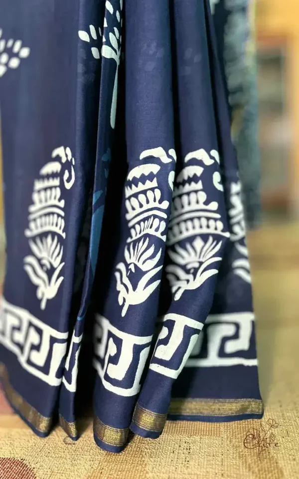 Navy Blue Indigo Hand Block Printed Zari Border Bagru Cotton Saree