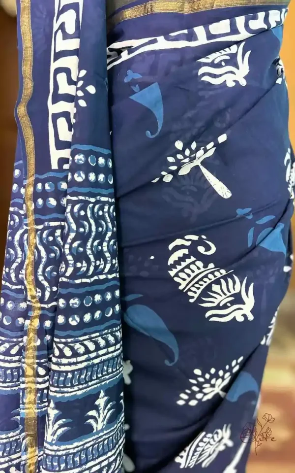 Navy Blue Indigo Hand Block Printed Zari Border Bagru Cotton Saree