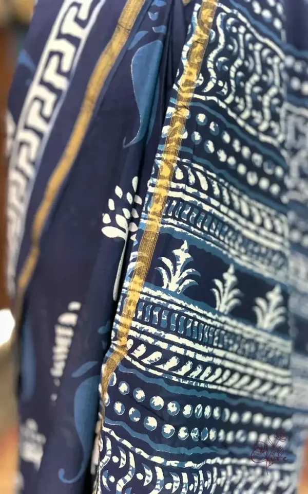 Navy Blue Indigo Hand Block Printed Zari Border Bagru Cotton Saree