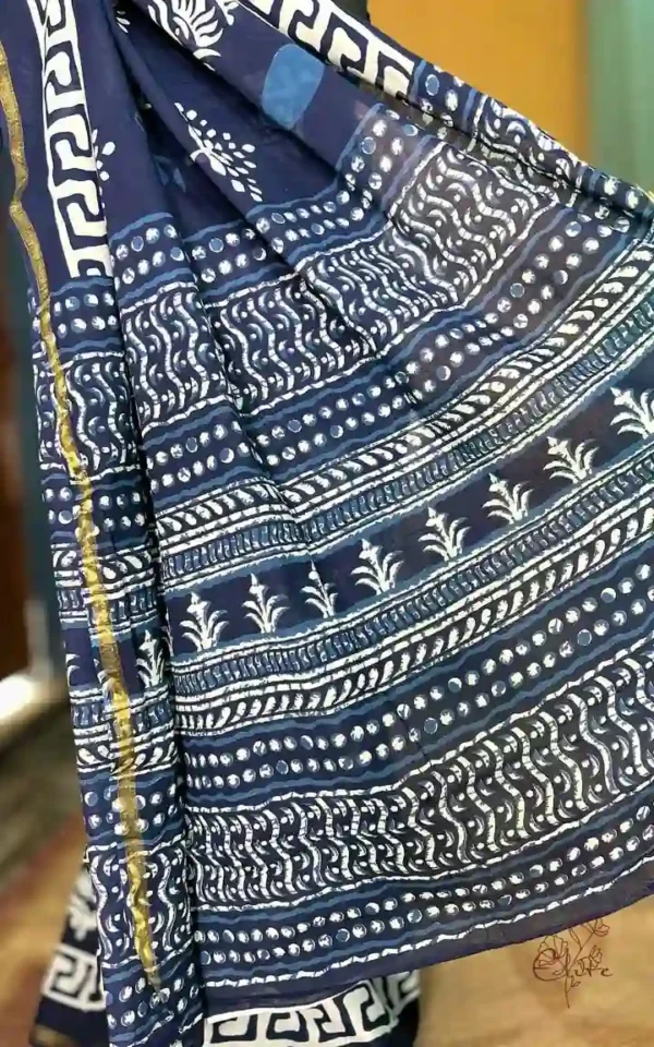 Navy Blue Indigo Hand Block Printed Zari Border Bagru Cotton Saree