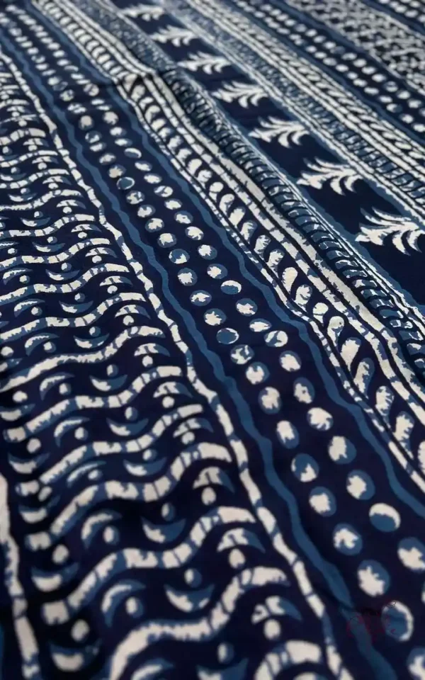 Navy Blue Indigo Hand Block Printed Zari Border Bagru Cotton Saree