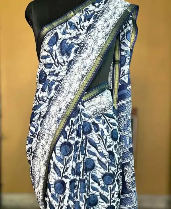 Indigo Hand Block Printed Zari Border Bagru Cotton Saree