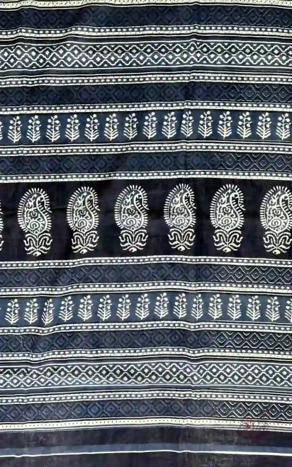 Indigo Hand Block Printed Zari Border Bagru Cotton Saree