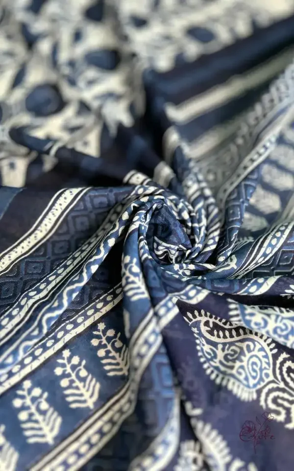 Indigo Hand Block Printed Zari Border Bagru Cotton Saree