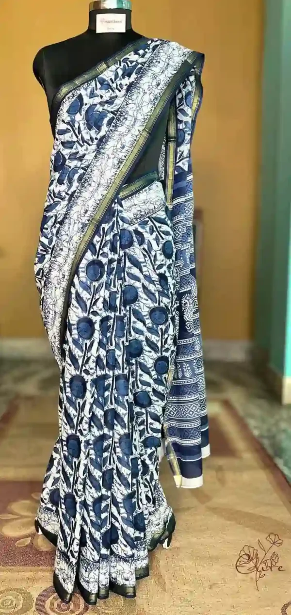 Indigo Hand Block Printed Zari Border Bagru Cotton Saree