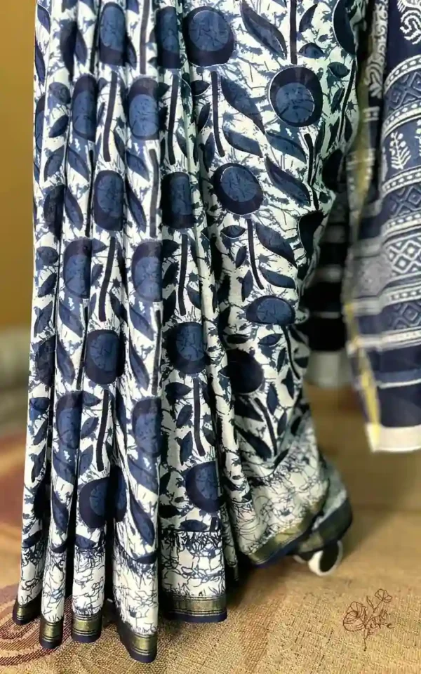 Indigo Hand Block Printed Zari Border Bagru Cotton Saree