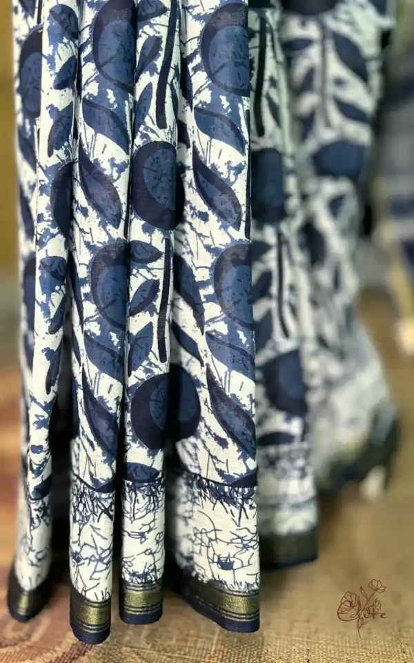 Indigo Hand Block Printed Zari Border Bagru Cotton Saree
